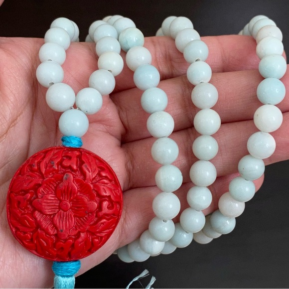 Flower Carved Cinnabar Beaded 32” Mala Necklace - Picture 6 of 12